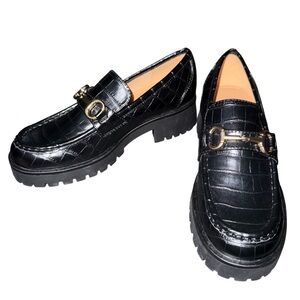 Nine West Black Croc Embossed Loafer Flats with Metal Bit Slip-on Gold Hardware